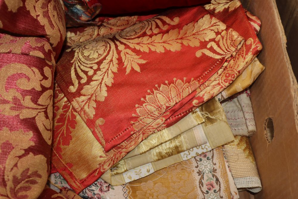 A silk Indian woven shawl, embroidered panel and table cover, various samples of brocade and damask